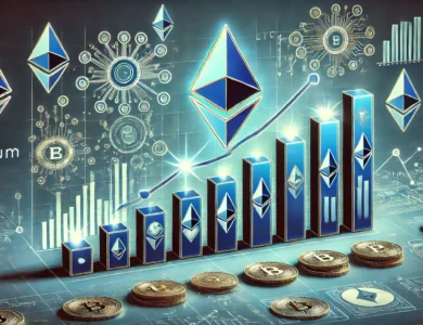 Gráfico ilustrativo mostrando a popularidade crescente dos ETFs de Ethereum no mercado financeiro, com ícones de moedas digitais e uma atmosfera tecnológica.