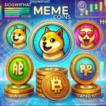 Imagem vibrante de diversas moedas digitais representando memecoins, com gráficos de crescimento ao fundo, destacando os ícones das criptomoedas Dogwifhat (WIF), Hoppy (HOPPY) e Andy (ANDY).