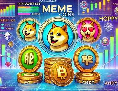Imagem vibrante de diversas moedas digitais representando memecoins, com gráficos de crescimento ao fundo, destacando os ícones das criptomoedas Dogwifhat (WIF), Hoppy (HOPPY) e Andy (ANDY).