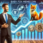 Especialista financeiro apresentando a memecoin Baby Fox em uma tela digital, com um fundo de símbolos de dólar, criptomoedas e gráficos ascendentes, representando crescimento e potencial de lucros. A cena transmite entusiasmo e modernidade, destacando a oportunidade de investimento.