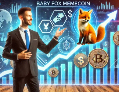 Especialista financeiro apresentando a memecoin Baby Fox em uma tela digital, com um fundo de símbolos de dólar, criptomoedas e gráficos ascendentes, representando crescimento e potencial de lucros. A cena transmite entusiasmo e modernidade, destacando a oportunidade de investimento.