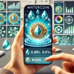 Um smartphone sendo segurado por uma mão exibe o logotipo da WaterCoin na tela. Ao redor do dispositivo, elementos visuais digitais e ecológicos estão presentes, como gotas d'água, símbolos de energia verde e gráficos de blockchain. No fundo, há um mercado digital com gráficos flutuantes representando a natureza volátil das memecoins. A imagem inclui o texto: "WaterCoin: The Future of Eco-Friendly Cryptocurrencies".