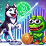 Ilustração digital mostrando as criptomoedas Husky Inu ($HINU) como um cão husky animado e Pepe ($PEPE) como um sapo sorridente, com um gráfico de tendência ascendente ao fundo, simbolizando crescimento e potencial no mercado cripto.