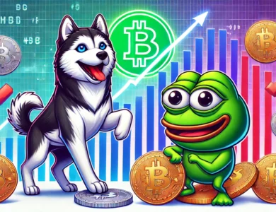 Ilustração digital mostrando as criptomoedas Husky Inu ($HINU) como um cão husky animado e Pepe ($PEPE) como um sapo sorridente, com um gráfico de tendência ascendente ao fundo, simbolizando crescimento e potencial no mercado cripto.