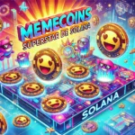A imagem apresenta um design lúdico e dinâmico com cores chamativas. Diversos memecoins com rostos expressivos e detalhes engraçados flutuam ao redor de uma representação brilhante e futurista do logotipo da Solana. O fundo inclui uma mistura de gráficos digitais e elementos temáticos de blockchain, enfatizando o contexto das criptomoedas. O texto "Memecoins Superstar De Solana" é exibido de forma proeminente em uma fonte estilosa e em negrito.