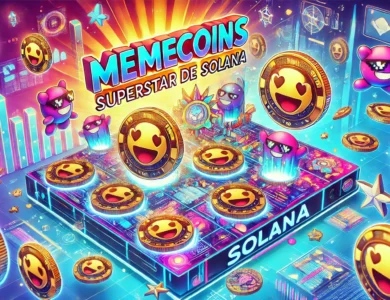 A imagem apresenta um design lúdico e dinâmico com cores chamativas. Diversos memecoins com rostos expressivos e detalhes engraçados flutuam ao redor de uma representação brilhante e futurista do logotipo da Solana. O fundo inclui uma mistura de gráficos digitais e elementos temáticos de blockchain, enfatizando o contexto das criptomoedas. O texto "Memecoins Superstar De Solana" é exibido de forma proeminente em uma fonte estilosa e em negrito.