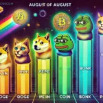 Gráfico mostrando o potencial de crescimento das principais meme coins para investir em agosto, incluindo Dogecoin, Pepe, Mog Coin, Bonk e Popcat.