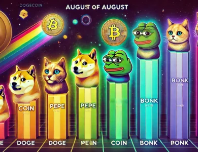 Gráfico mostrando o potencial de crescimento das principais meme coins para investir em agosto, incluindo Dogecoin, Pepe, Mog Coin, Bonk e Popcat.