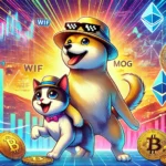 Ilustração colorida e dinâmica mostrando duas memecoins populares, WIF e MOG. WIF é representada por um cachorro brincalhão usando um chapéu, e MOG por um gato travesso. Ao fundo, gráficos e elementos digitais indicam crescimento e tendências de mercado, destacando a comunidade ativa e o aumento de valor dessas criptomoedas. Elementos de símbolos de moeda digital e redes blockchain complementam o tema de criptomoedas.