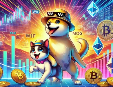 Ilustração colorida e dinâmica mostrando duas memecoins populares, WIF e MOG. WIF é representada por um cachorro brincalhão usando um chapéu, e MOG por um gato travesso. Ao fundo, gráficos e elementos digitais indicam crescimento e tendências de mercado, destacando a comunidade ativa e o aumento de valor dessas criptomoedas. Elementos de símbolos de moeda digital e redes blockchain complementam o tema de criptomoedas.