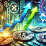 Ilustração colorida mostrando o potencial de crescimento das criptomoedas XRP, Render, Bitcoin e Cardano. A imagem apresenta gráficos ascendentes, setas apontando para cima e símbolos das criptomoedas, com um fundo digital futurista em tons vibrantes de verde e azul, destacando a ideia de investimento e lucro.