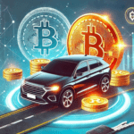 Gráfico dinâmico e moderno ilustrando a tokenização de R$ 30 milhões pela Kavak para financiar vendas de carros no Brasil. A imagem apresenta um carro e tokens digitais, com um tema de blockchain ao fundo.
