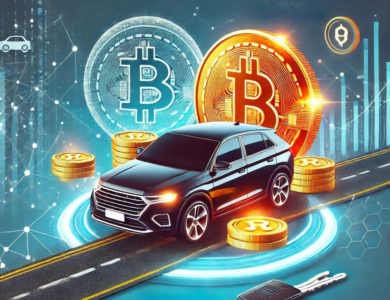 Gráfico dinâmico e moderno ilustrando a tokenização de R$ 30 milhões pela Kavak para financiar vendas de carros no Brasil. A imagem apresenta um carro e tokens digitais, com um tema de blockchain ao fundo.