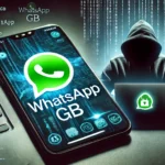 Imagem de um smartphone com a tela escurecida exibindo o logotipo modificado do WhatsApp GB, cercado por códigos digitais e símbolos com um hacker ao fundo, simbolizando os riscos de segurança associados ao uso de versões não autorizadas do WhatsApp para mineração de criptomoedas.