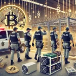 Policiais realizam uma operação em um galpão clandestino de mineração de bitcoin próximo à fronteira Brasil-Paraguai. A imagem mostra equipamentos de mineração sendo confiscados, conexões ilegais de eletricidade e oficiais uniformizados em um cenário de armazém industrial, transmitindo a urgência e seriedade da ação. Elementos representando criptomoedas, como símbolos de bitcoin, estão presentes no fundo.