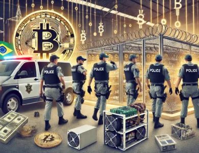 Policiais realizam uma operação em um galpão clandestino de mineração de bitcoin próximo à fronteira Brasil-Paraguai. A imagem mostra equipamentos de mineração sendo confiscados, conexões ilegais de eletricidade e oficiais uniformizados em um cenário de armazém industrial, transmitindo a urgência e seriedade da ação. Elementos representando criptomoedas, como símbolos de bitcoin, estão presentes no fundo.