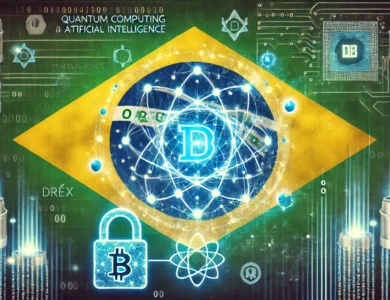 Representação futurística da moeda digital DREX com símbolos de computação quântica e inteligência artificial. O fundo apresenta a bandeira do Brasil integrada com elementos de tecnologia blockchain e criptografia digital. Há ícones de segurança, como cadeados e escudos, destacando as medidas avançadas de proteção. O esquema de cores mistura azul e verde, simbolizando confiança e inovação.