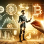 Imagem ilustrando as estratégias únicas de negociação de Bitcoin de Peter Brandt. A imagem apresenta Peter Brandt, símbolos de Bitcoin e gráficos de negociação, incluindo um padrão de topo duplo e indicadores de gestão de risco, refletindo a análise financeira e o trading de criptomoedas.