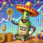 Uma ilustração digital humorada com uma garrafa de tequila sorridente, usando um sombrero e segurando moedas digitais rotuladas como Tequila JULIO. O fundo é festivo, com cores vibrantes, confetes, cactos e maracas, destacando a atmosfera de celebração e o entusiasmo em torno da nova memecoin.