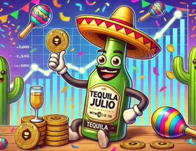 Uma ilustração digital humorada com uma garrafa de tequila sorridente, usando um sombrero e segurando moedas digitais rotuladas como Tequila JULIO. O fundo é festivo, com cores vibrantes, confetes, cactos e maracas, destacando a atmosfera de celebração e o entusiasmo em torno da nova memecoin.