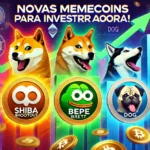 Imagem dinâmica e colorida mostrando os logotipos de quatro memecoins em alta: Shiba Shootout, Pepe, Brett e Dog. O fundo vibrante apresenta gráficos ascendentes e símbolos de moedas digitais, representando crescimento e investimento. No topo da imagem, está escrito: "Novas Memecoins para Investir Agora!".