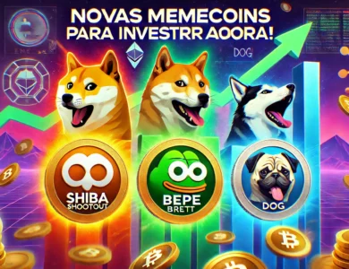 Imagem dinâmica e colorida mostrando os logotipos de quatro memecoins em alta: Shiba Shootout, Pepe, Brett e Dog. O fundo vibrante apresenta gráficos ascendentes e símbolos de moedas digitais, representando crescimento e investimento. No topo da imagem, está escrito: "Novas Memecoins para Investir Agora!".