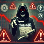 Imagem ilustrando um alerta sobre um novo golpe de criptomoedas. No fundo, um gráfico digital mostra números em queda e símbolos de várias criptomoedas. No primeiro plano, uma figura sombria vestida como professor, usando capelo e beca, segura um diploma com um sorriso sinistro. Sinais de alerta em vermelho e pontos de exclamação indicam perigo. O texto na parte superior em letras vermelhas e negrito diz: "Novo Golpe de Criptomoedas.