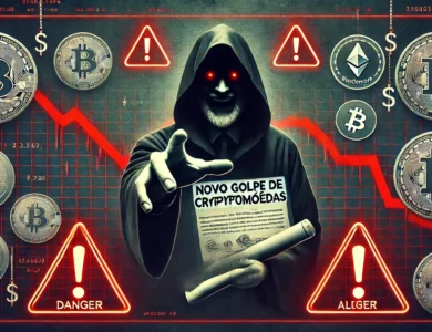 Imagem ilustrando um alerta sobre um novo golpe de criptomoedas. No fundo, um gráfico digital mostra números em queda e símbolos de várias criptomoedas. No primeiro plano, uma figura sombria vestida como professor, usando capelo e beca, segura um diploma com um sorriso sinistro. Sinais de alerta em vermelho e pontos de exclamação indicam perigo. O texto na parte superior em letras vermelhas e negrito diz: "Novo Golpe de Criptomoedas.