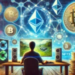 Pessoa jogando videogame no computador, cercada por símbolos de criptomoedas, NFTs e tokens, com um fundo futurista representando o ambiente digital da Web3, destacando a ideia de ganhar dinheiro jogando.