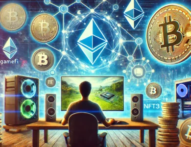 Pessoa jogando videogame no computador, cercada por símbolos de criptomoedas, NFTs e tokens, com um fundo futurista representando o ambiente digital da Web3, destacando a ideia de ganhar dinheiro jogando.