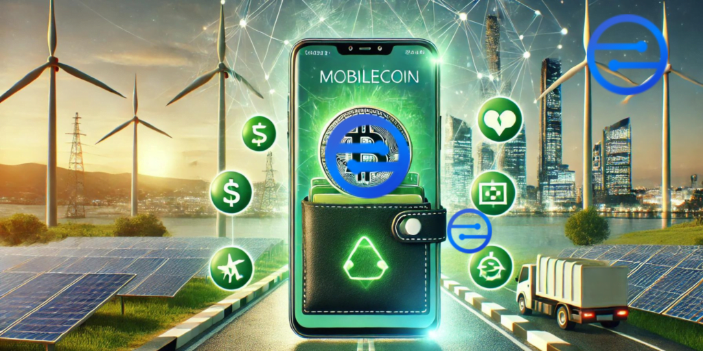 Smartphone futurístico exibindo uma carteira digital com o logotipo da MobileCoin, cercado por símbolos de energia verde e ícones ecológicos. Ao fundo, uma paisagem urbana moderna com turbinas eólicas e painéis solares, destacando a sustentabilidade e a inovação nos pagamentos digitais.