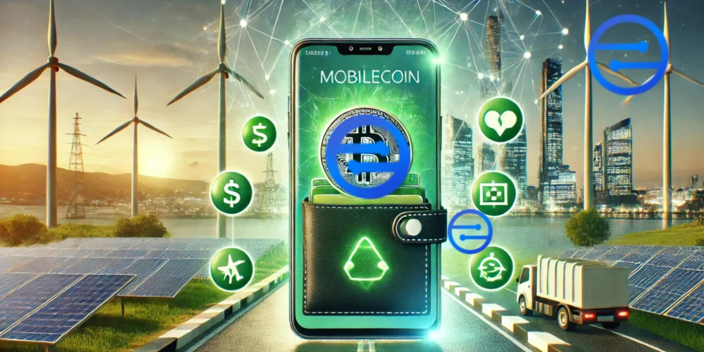 Smartphone futurístico exibindo uma carteira digital com o logotipo da MobileCoin, cercado por símbolos de energia verde e ícones ecológicos. Ao fundo, uma paisagem urbana moderna com turbinas eólicas e painéis solares, destacando a sustentabilidade e a inovação nos pagamentos digitais.