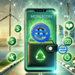 Smartphone futurístico exibindo uma carteira digital com o logotipo da MobileCoin, cercado por símbolos de energia verde e ícones ecológicos. Ao fundo, uma paisagem urbana moderna com turbinas eólicas e painéis solares, destacando a sustentabilidade e a inovação nos pagamentos digitais.