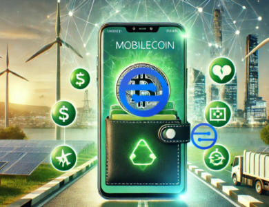 Smartphone futurístico exibindo uma carteira digital com o logotipo da MobileCoin, cercado por símbolos de energia verde e ícones ecológicos. Ao fundo, uma paisagem urbana moderna com turbinas eólicas e painéis solares, destacando a sustentabilidade e a inovação nos pagamentos digitais.