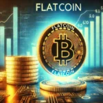 Uma moeda digital futurista rotulada como 'Flatcoin' em um ambiente brilhante e estável, contrastando com moedas tradicionais rotuladas como 'Stablecoin' mostrando volatilidade. O fundo inclui gráficos que representam estabilidade financeira e crescimento, simbolizando a resistência à inflação e a inovação no mercado de criptomoedas.
