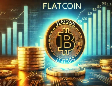Uma moeda digital futurista rotulada como 'Flatcoin' em um ambiente brilhante e estável, contrastando com moedas tradicionais rotuladas como 'Stablecoin' mostrando volatilidade. O fundo inclui gráficos que representam estabilidade financeira e crescimento, simbolizando a resistência à inflação e a inovação no mercado de criptomoedas.