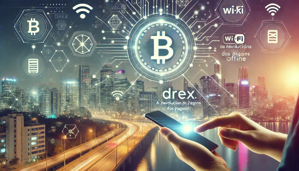 Imagem mostrando uma cidade futurista com foco em tecnologia financeira digital. Em primeiro plano, uma pessoa usa um dispositivo móvel para fazer um pagamento. No fundo, aparecem símbolos de moeda digital, sinais de Wi-Fi e elementos de blockchain, destacando a inovação e a inclusão. Texto sobreposto: "Drex: A Revolução dos Pagamentos Offline".