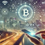 Imagem mostrando uma cidade futurista com foco em tecnologia financeira digital. Em primeiro plano, uma pessoa usa um dispositivo móvel para fazer um pagamento. No fundo, aparecem símbolos de moeda digital, sinais de Wi-Fi e elementos de blockchain, destacando a inovação e a inclusão. Texto sobreposto: "Drex: A Revolução dos Pagamentos Offline".