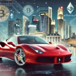 Ferrari aceitando pagamentos em criptomoedas na Europa, com destaque para um carro esportivo de luxo em uma cidade europeia moderna, simbolizando inovação e a fusão do luxo tradicional com a tecnologia de criptomoedas.