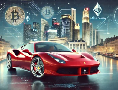 Ferrari aceitando pagamentos em criptomoedas na Europa, com destaque para um carro esportivo de luxo em uma cidade europeia moderna, simbolizando inovação e a fusão do luxo tradicional com a tecnologia de criptomoedas.