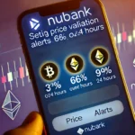 Imagem destacando a nova funcionalidade de alerta de preços em criptomoedas do Nubank com notificações no aplicativo.