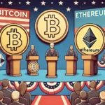 Ilustração de um palco de debate político com símbolos proeminentes de criptomoedas como Bitcoin, Ethereum e Solana. A imagem destaca uma atmosfera tensa e dividida, com a plateia mostrando apoio a diferentes candidatos, enfatizando a conexão entre política e criptomoedas.
