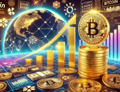 Ilustração de um bilionário em um cenário futurista com gráficos de crescimento e símbolos de Bitcoin, destacando sua superioridade sobre o ouro. O ambiente inclui elementos tecnológicos como hologramas e luzes neon, representando a modernidade e a velocidade do Bitcoin. Ao fundo, há uma representação do mundo dividido entre confiança e desconfiança no governo, com ícones de moedas fiduciárias e digitais.