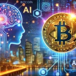 Uma ilustração vibrante mostrando a conexão entre Bitcoin e inteligência artificial. No primeiro plano, uma moeda de Bitcoin com bordas brilhantes destaca-se, simbolizando sua importância. Ao redor, representações abstratas de algoritmos de IA e fluxo de dados conectam a moeda a uma rede digital. Ao fundo, uma cidade moderna com arranha-céus e interfaces digitais cria uma atmosfera de avanço tecnológico. As cores são uma mistura de azuis escuros e luzes neon brilhantes, transmitindo uma sensação de inovação e entusiasmo.