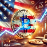 Ilustração mostrando o impacto potencial dos EUA nos preços do Bitcoin em julho. A imagem apresenta o símbolo do Bitcoin sobre gráficos de preços flutuantes, com elementos da bandeira americana ao fundo, transmitindo a volatilidade do mercado e a influência econômica.