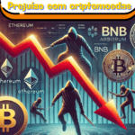 Gráfico dinâmico e impactante mostrando as perdas significativas em criptomoedas devido a fraudes e hacks no segundo trimestre de 2024. O gráfico exibe uma tendência descendente com o valor "R$ 2,8 bilhões" em destaque. Inclui logos de criptomoedas como Ethereum, BNB e Arbitrum sendo alvo de ataques. O fundo tem um tema escuro para enfatizar a gravidade das perdas. No topo, o título: "Prejuízo com criptomoedas"