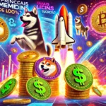 Uma imagem vibrante e dinâmica ilustrando o crescimento explosivo das memecoins, destacando as criptomoedas populares como Husky Inu, Dogwifhat e Shiba Inu. A imagem inclui gráficos coloridos de foguetes decolando, moedas se multiplicando e símbolos de dólar, ambientada em um fundo futurista com elementos digitais. O título "Principais Memecoins: Quais as Promessas de Lucros de 1000%?" está em destaque com letras grandes e chamativas.