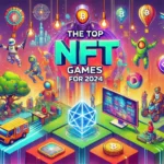 Imagem representando os principais jogos NFT para 2024, com gráficos coloridos de personagens de jogos, paisagens futuristas e elementos de tecnologia blockchain, como ativos digitais e tokens.