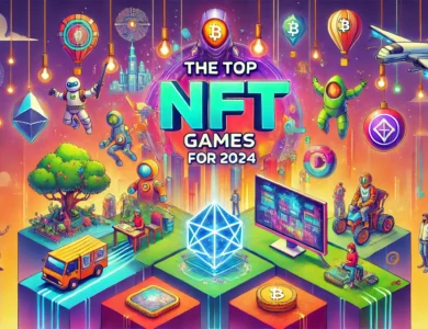 Imagem representando os principais jogos NFT para 2024, com gráficos coloridos de personagens de jogos, paisagens futuristas e elementos de tecnologia blockchain, como ativos digitais e tokens.
