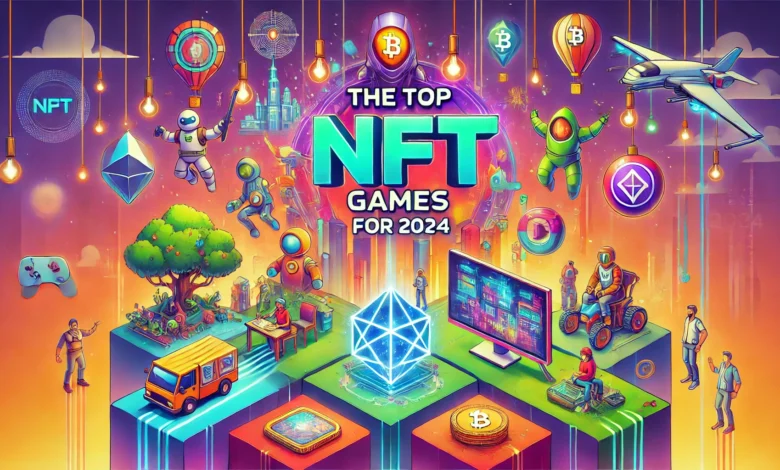 Imagem representando os principais jogos NFT para 2024, com gráficos coloridos de personagens de jogos, paisagens futuristas e elementos de tecnologia blockchain, como ativos digitais e tokens.